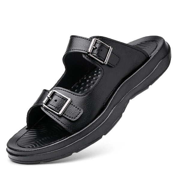 Summer Mens Thick Soles Bottom Platform Slippers Men Leather Slides Slippers Adjustable Brown Black Casual Sandals Comfortable