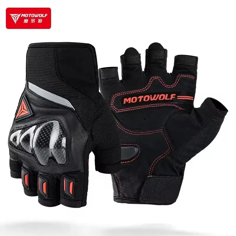 ស្រោមដៃជិះម៉ូតូរដូវក្តៅ Motowolf ស្រោមដៃពាក់ម្រាមដៃពាក់កណ្ដាលដែលអាចដកដង្ហើមបាន ស្រោមដៃស្បែកបែប Retro គ្មានម្រាមដៃ ស្រោមដៃកាបូនជាតិសរសៃប្រឆាំងនឹងការដួលរលំ