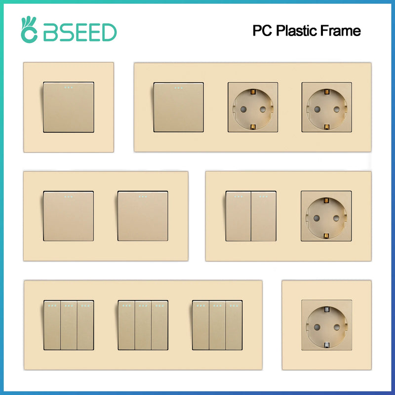 BSEED 1/2/3Gang 1Way Mechanical Light Switch Plus Electrical Outlets Plastic Frame Wall Switch On Off Power Socket