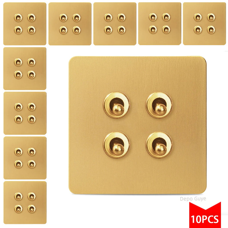 5/10 PCS Gold Wall Light Toggle Switch Vintage Brass Lever Stainless Steel Panel Vintage Brass Lever For Home Improvement