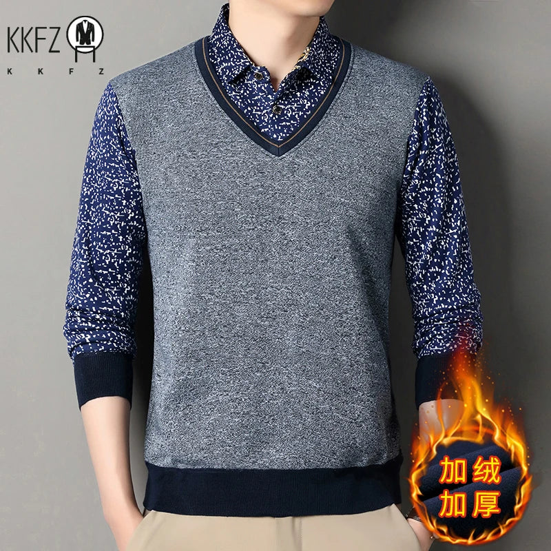 Men Thermal Knit Sweatshirt Faux Layered Style Printed Lapel Collar Fleece Inside Leisure Long Sleeve Pullover