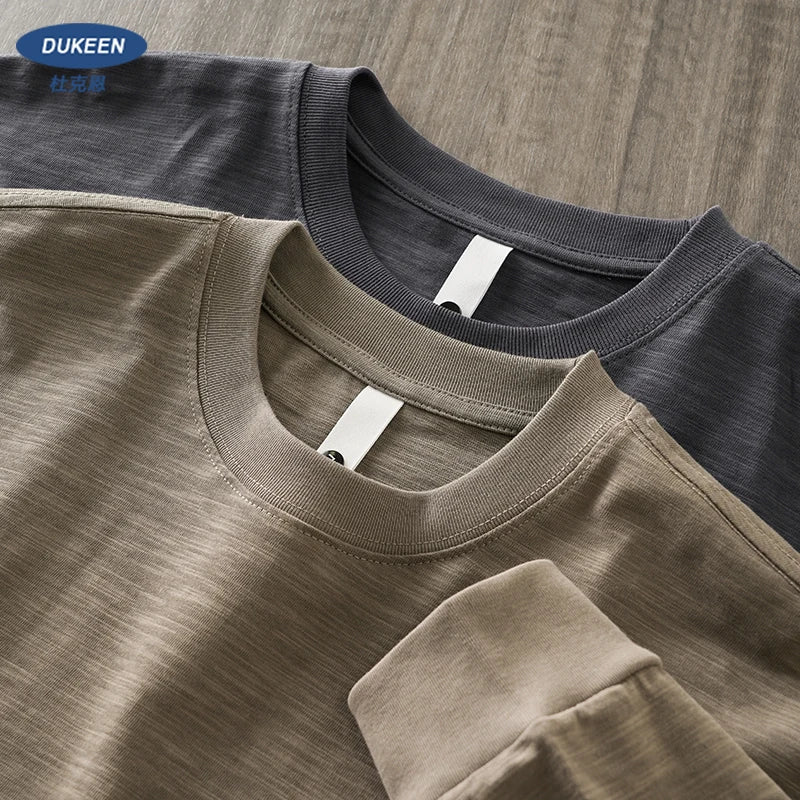 DUKEEN Heavyweight Slub Cotton Long Sleeve T Shirts for Men Spring and Autumn Pure Cotton Breathable Undershirts Men's Clothing
