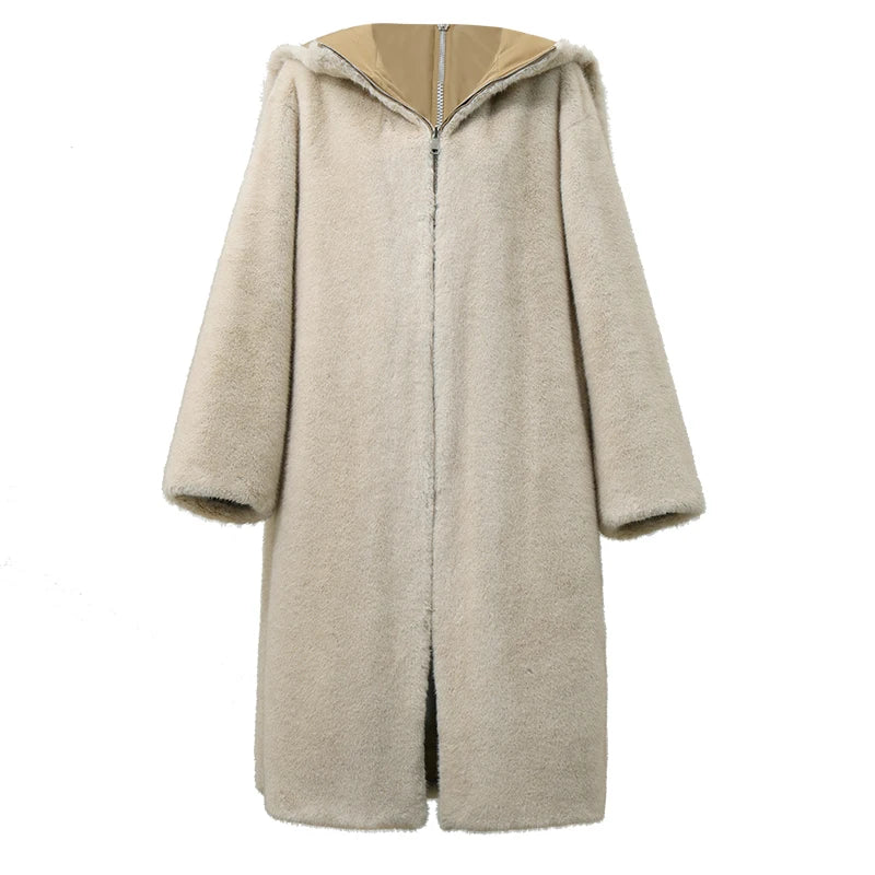 Amii Reversible Faux Fur Parka Coat for Women Hooded Loose Two Faced Long Jackets 2026 Winter Warm Coats Women's Jacket 12654013