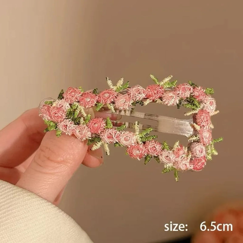 Sweet Pink Lace Flower BB Hair Clip Women Side Bangs Barrettes Elegant Hairpin for Half Updo Hairstyle Hair Accessories