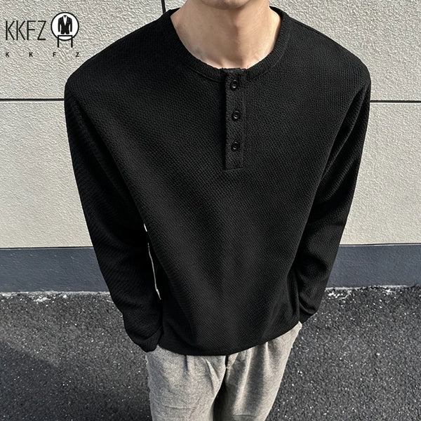 Mens Casual Loose Long Sleeve Henley Top Waffle Knit Texture Three Button Placket Breathable Fabric Daily Wear