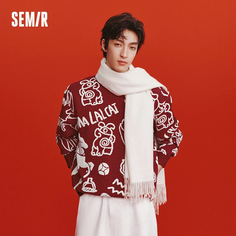 Semir New Year Sweater Men 2026 Spring Soft Jacquard Crew Neck Casual Fashion Comfortable Versatile Knitwear Top