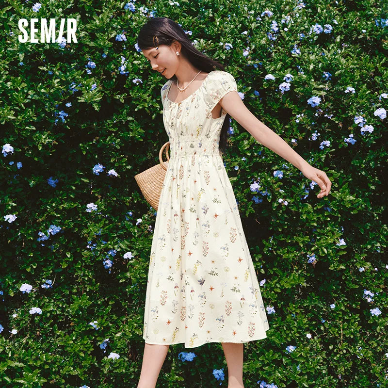Semir Women Dress Hollow Bow Waist Cinching Floral French Romantic Sweet Elegant 2026 Summer Casual Fashion Top