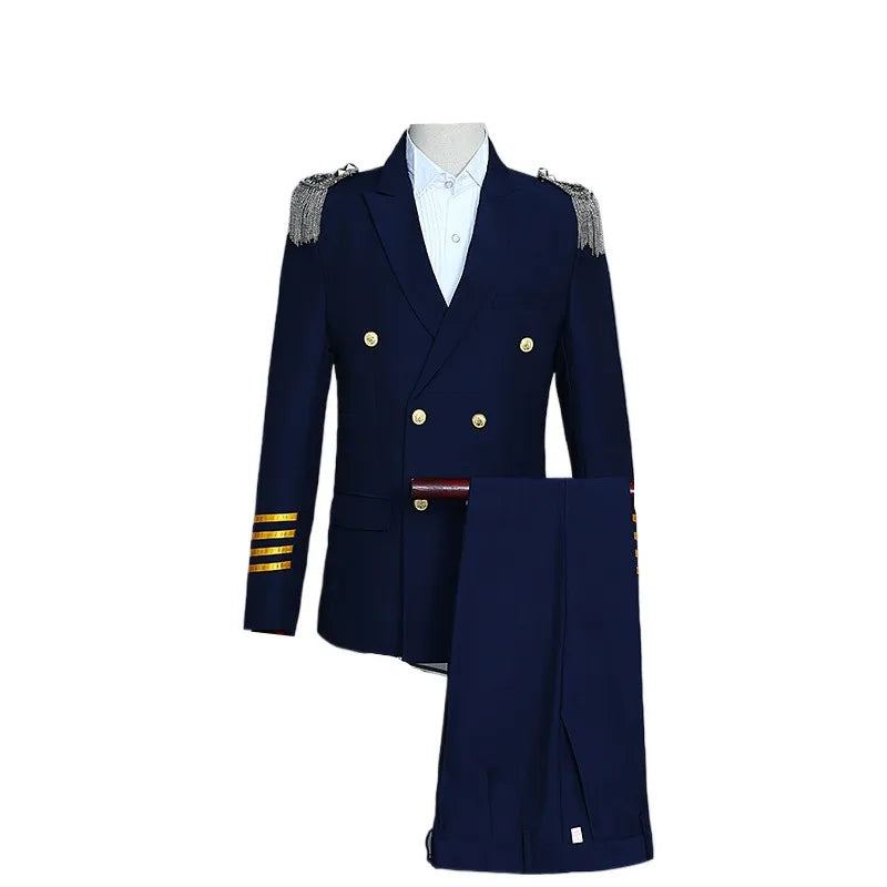 2026 Men's Slim Fit Captain Uniform Two-Piece,Navy Double-Breasted Jacket with Gold Buttons&Epaulettes for Pilot,Stage, Wedding