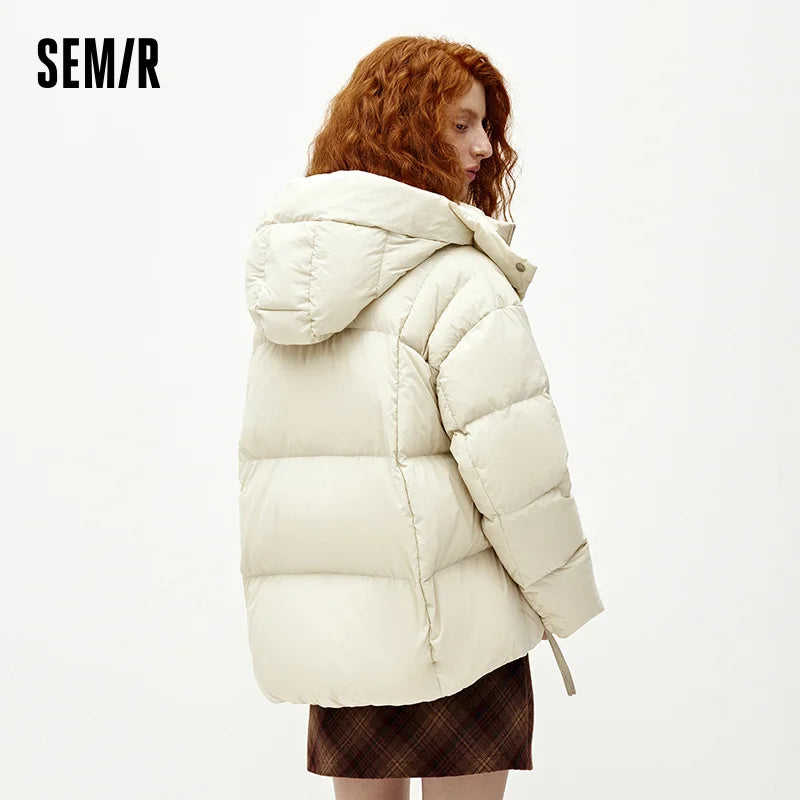 Semir Women Down Jacket 90 Percent Down Fill Hooded Design Loose Fit Mid Length Solid Color Warm Insulation 2026 Winter
