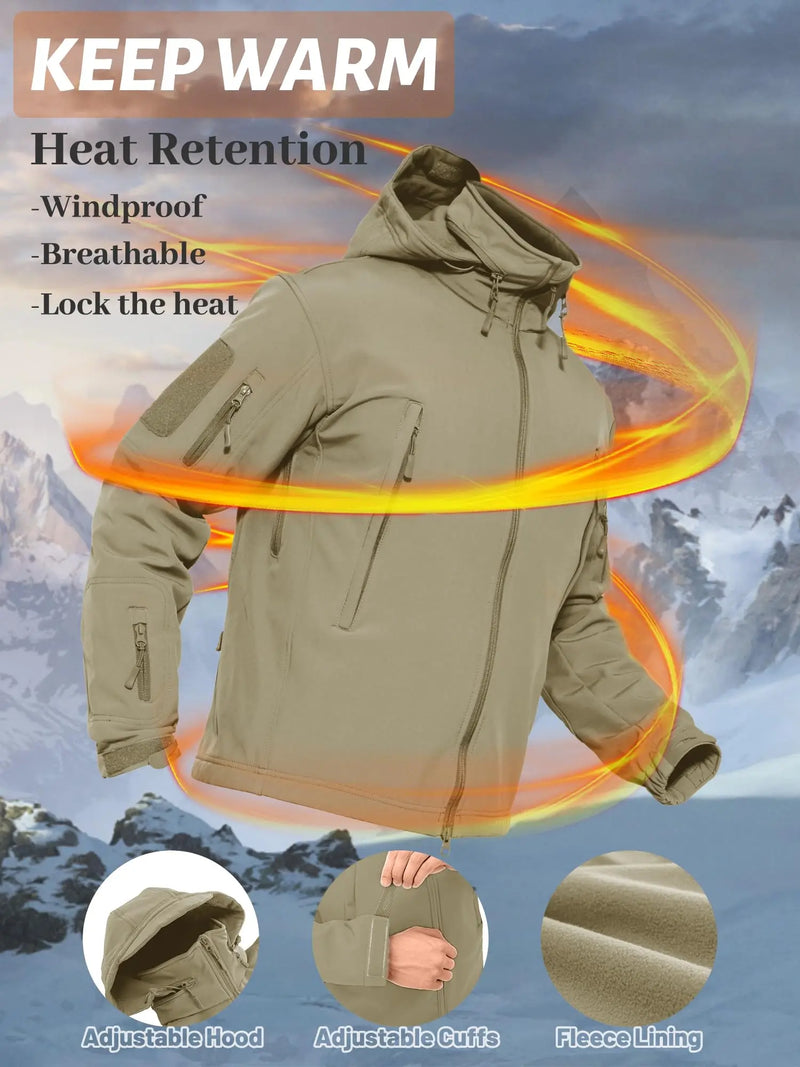 TACVASEN Men's Tactical Softshell Jacket Fleece-Lined Waterproof Hooded Winter Windbreaker with Pockets for Outdoor Hiking