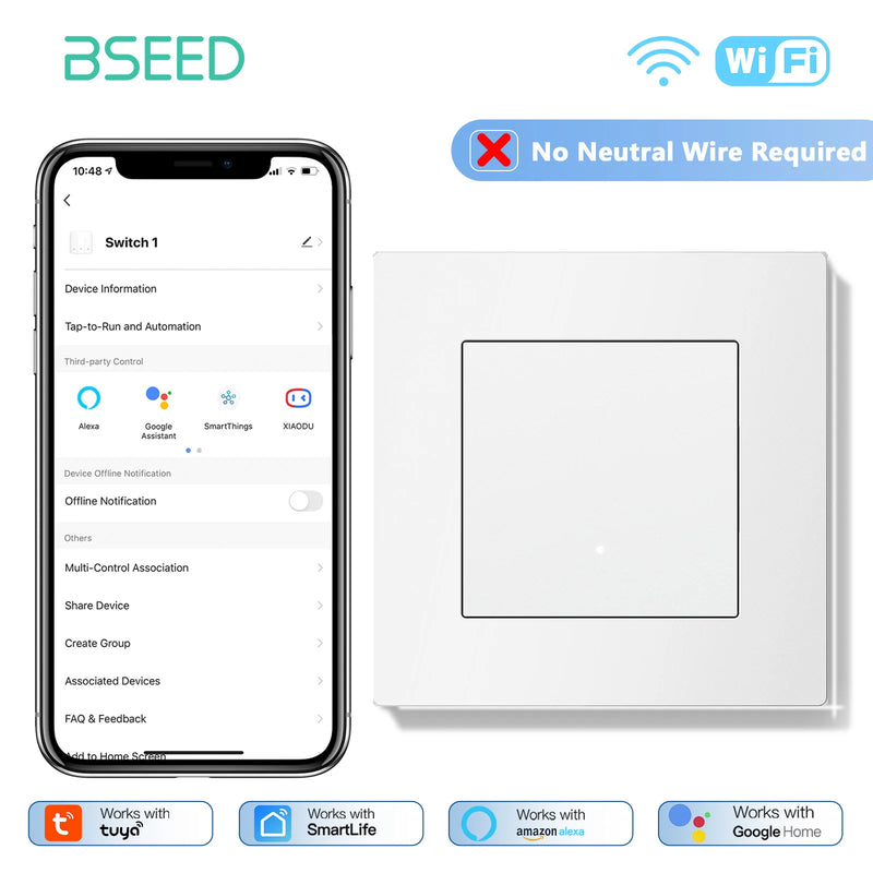 BSEED E Series WIFI Light Switch 1/2/3/4Gang Smart Click Button Switch Plastic Frame LED Indicator Tuya Smart Life No Neutral