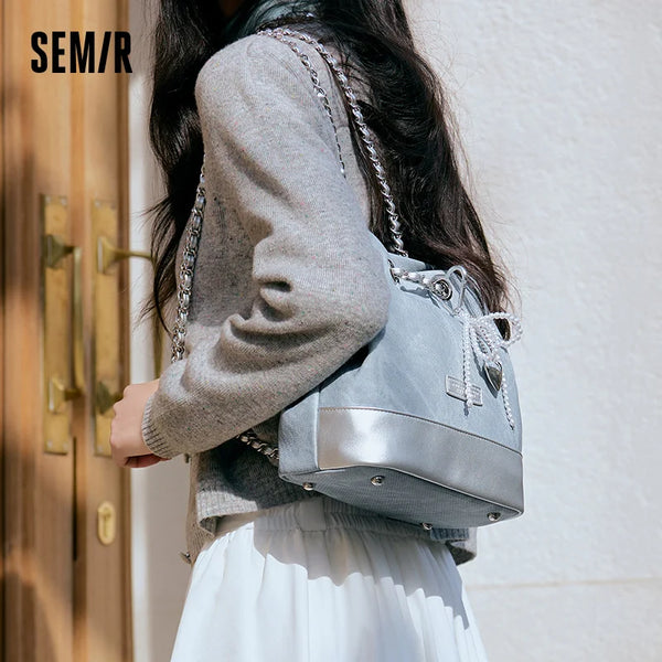 Semir Backpack Women 2025 New Style Stylish Color-blocking Imitation Denim Bucket Bag Bowknot Chain Bag Popular