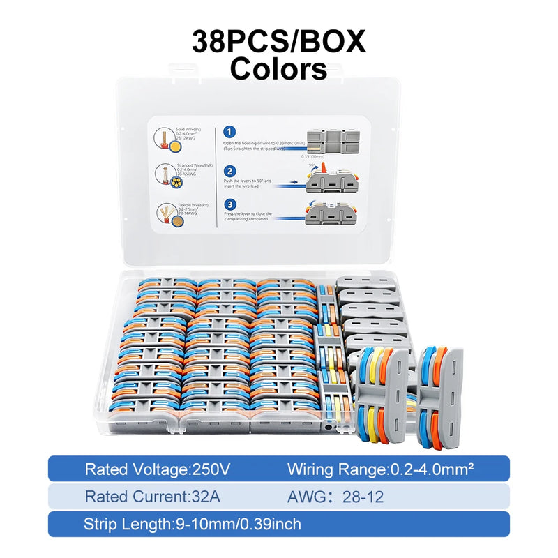 TOMZN 38PCS Lever Wire Connectors Set 28PCS 2In 2Out 10PCS 3In 3Out Quick Splicing Terminal Blocks 32A 250V for 28-12AWG