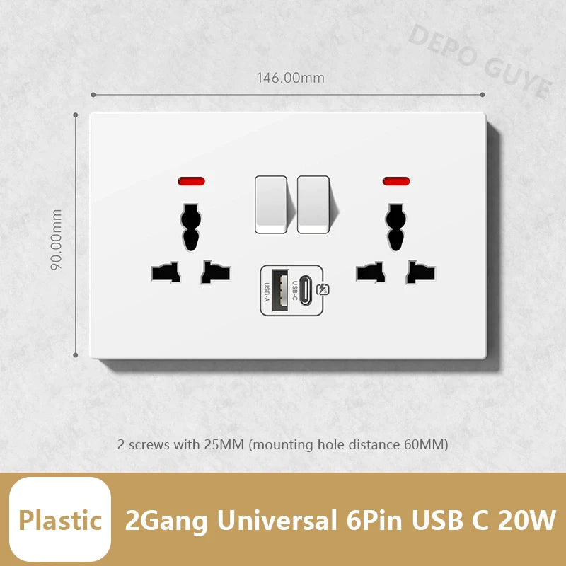 Universal 20W Type-C Wall Quick charge Socket,Dual Switch control Universal Power outlet,White UK Standard USB Interface Socket