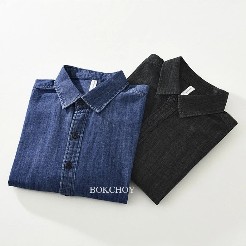 Autumn New Vintage Washed 100% Cotton Long Sleeve Denim Shirt for Men Clothing Turn-down Collar Versatile Streetwear CM7781