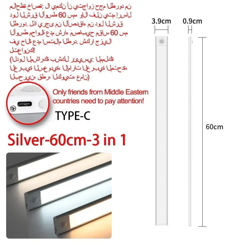 10-60CM LED Night Light Wireless Motion Sensor Under Cabinet Lights Ultra Thin USB Rechargeable Lamp Kitchen Bedroom Lighting