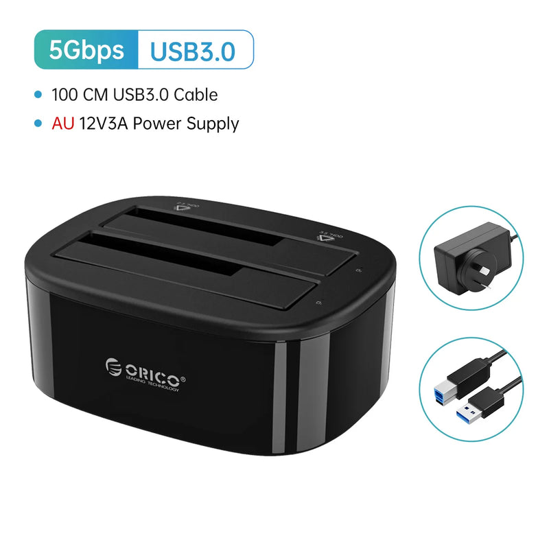 ORICO Dual-bay Hard Drive Docking Station for 2.5/3.5 Inch HDD SSD SATA to USB 3.0 HDD Docking Station with 12V3A Power Adapter