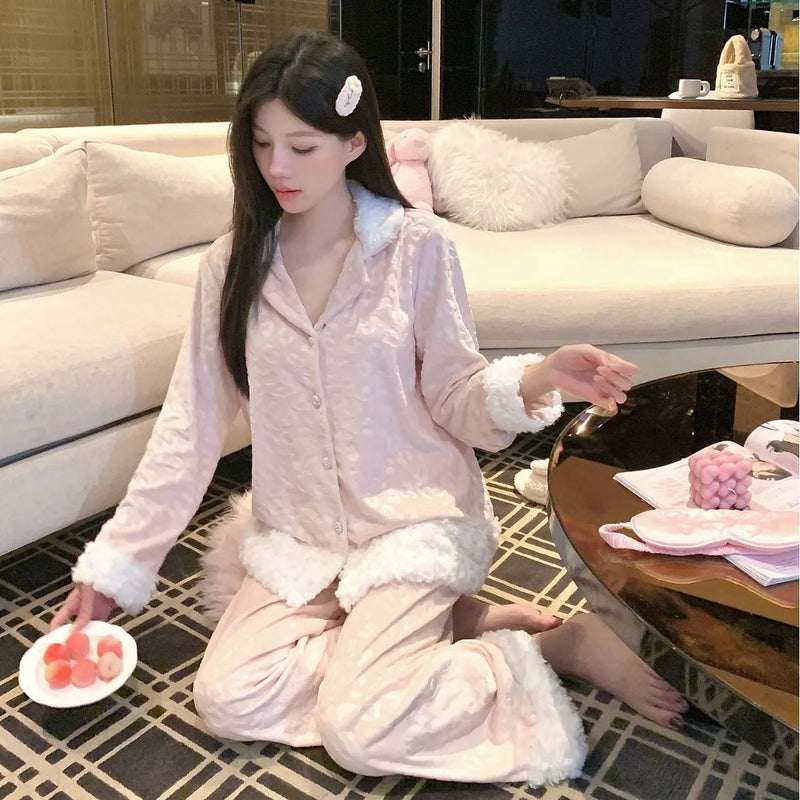 Island Fleece Velvet Women's Pajamas New Lapel Long Sleeve Top Pant Suit Casual Thicken Warm Winter Sleepwear Pijama Home Set