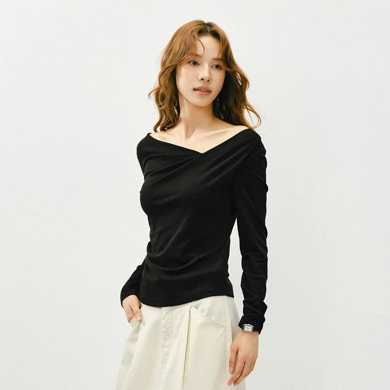 Semir Slim Fit Tshirt Women 2026 Spring Short Asymmetric Neck Oblique Shoulder Solid Color Casual Fashion Stylish Top