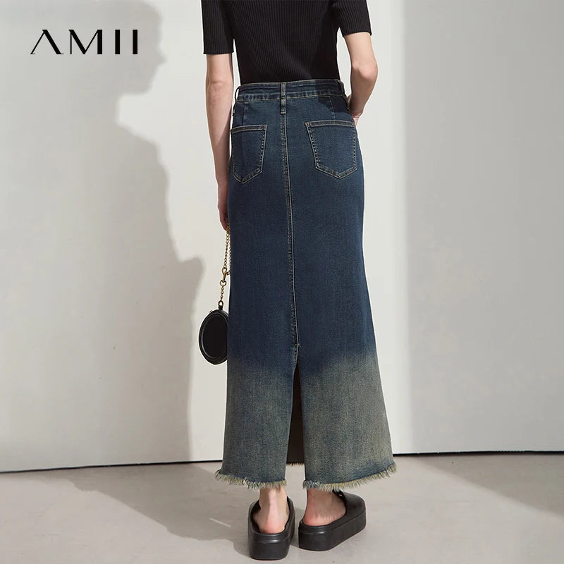 AMII Elegant Summer Skirts for Women 2026 Midi Straight Elastic Clothing Woman Fashion Gradient Denim Long Skirt Female 12552061