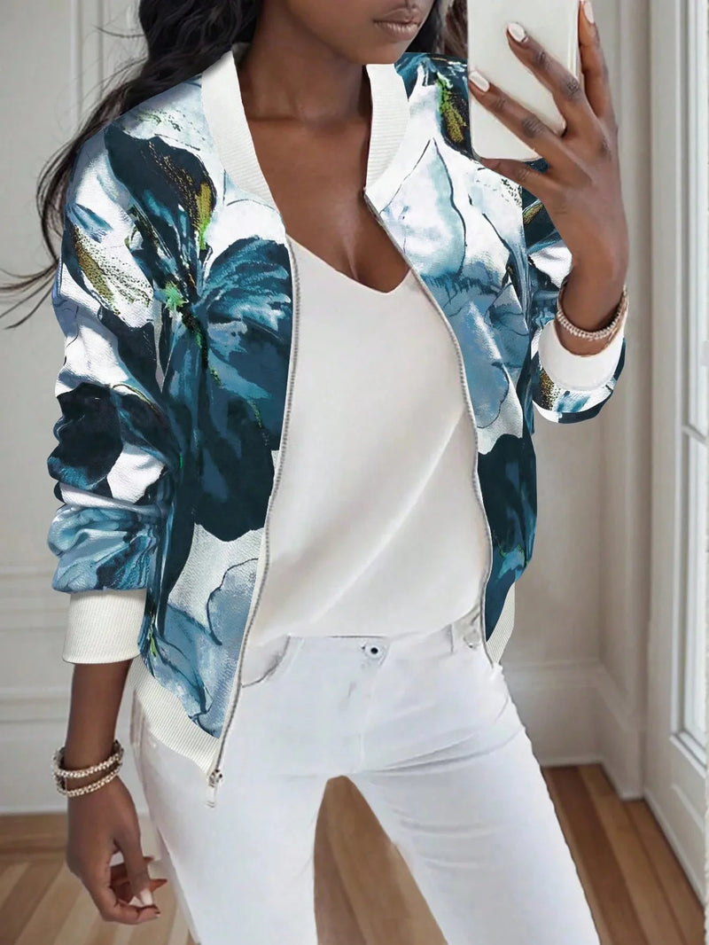 2026 New Women's Purple Long-Sleeve Printed Jacket, Green Baseball Collar Casual Coat, European Sizes S-XXL.