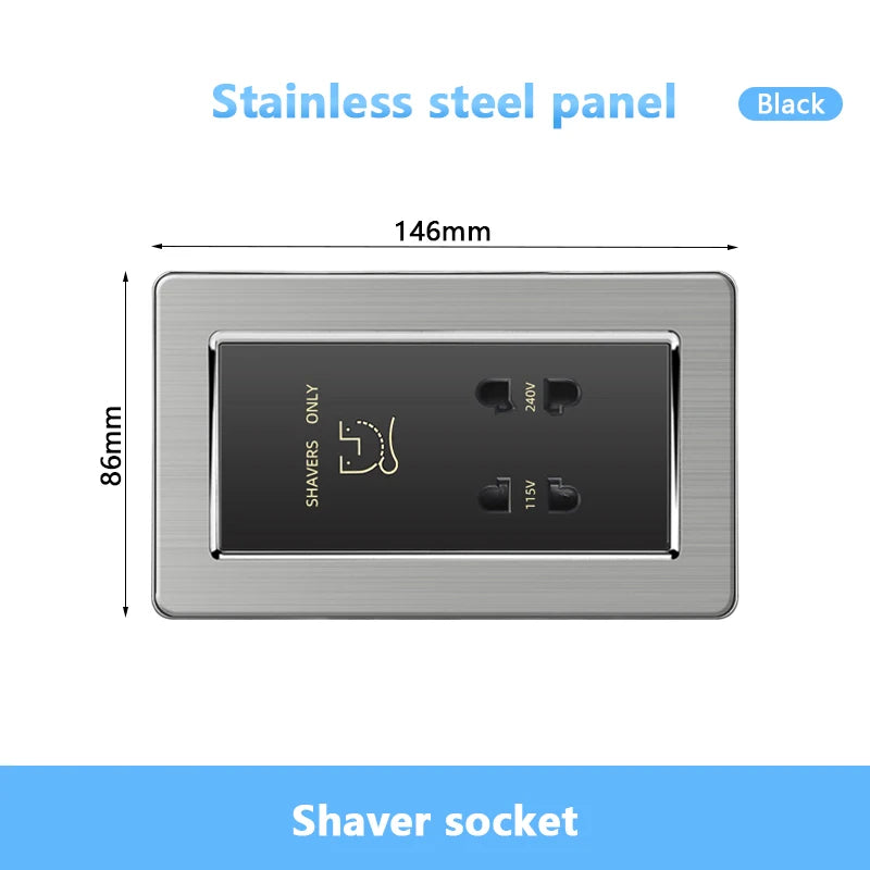 146 UK standard Hotels Shaver Socket,Wall Bathroom beard knife Panel,Beard Shaving Charge outlet Glass Plastic Stainless steel