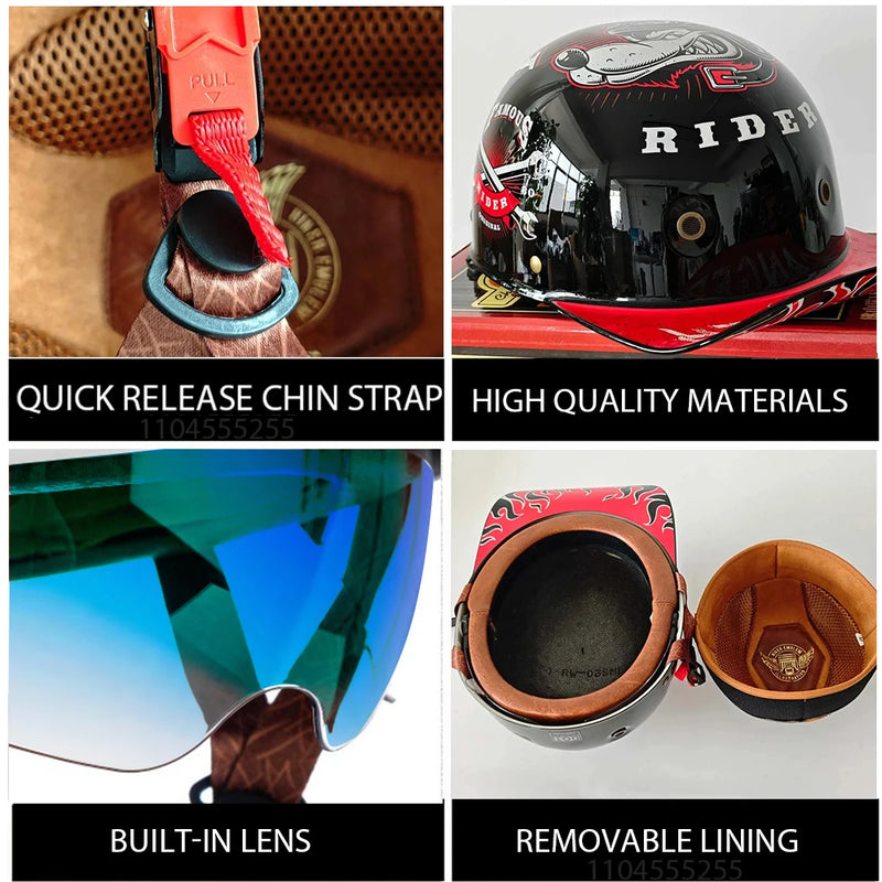 មួកសុវត្ថិភាពម៉ូតូ Street Retro Baseball Cap Moto Helmet ជាមួយកញ្ចក់ពណ៌ខៀវ មួកសុវត្ថិភាពពាក់កណ្តាលបុរសស្ត្រី Capacete De Moto ECE DOT អនុម័ត