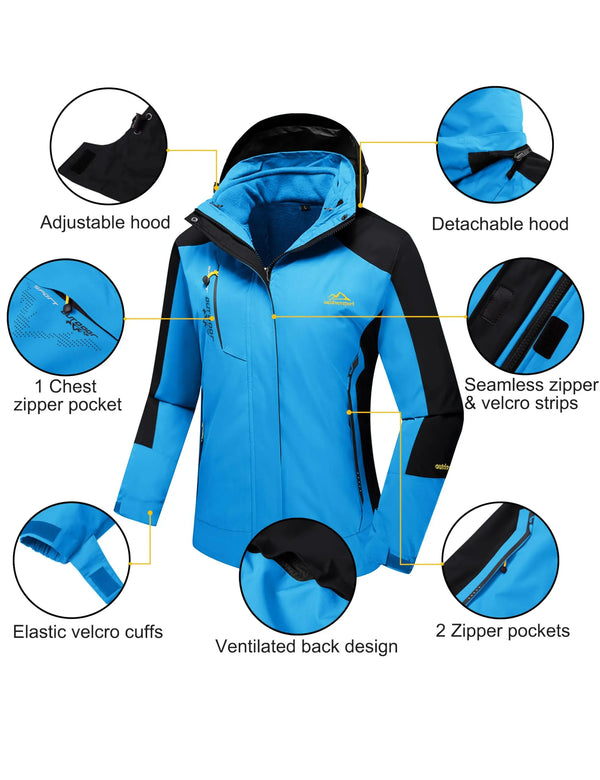 TACVASEN Women's Winter 3 in 1 Snow Parka Coats Waterproof Fleece Lined Ski Hiking Jackets Thermal Windproof Hooded Coats