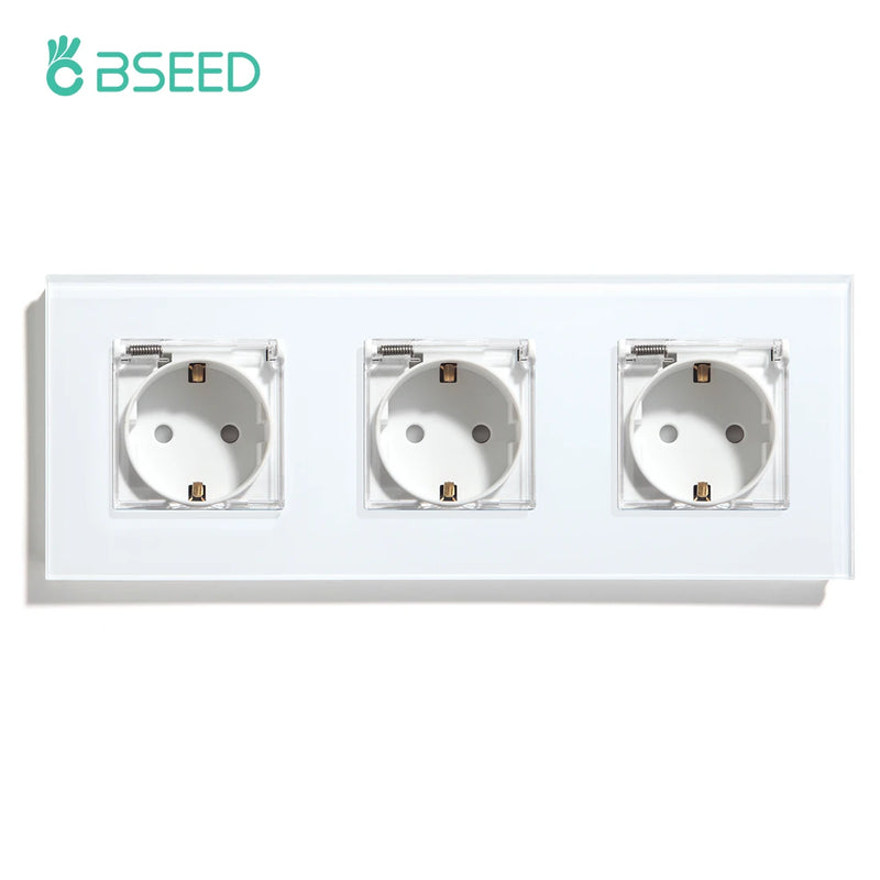BSEED EU Standard Single Power Sockets With Waterproof Cover Double Wall Outlet Bathroom Triple Plugs 16A Crystal Panel 110-250V