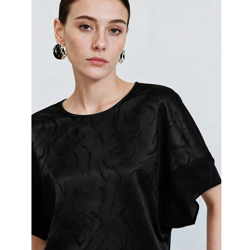 Am Women's Chiffon Blouse 2026 Summer Chinese Style O-Neck Cutout Ribbon Trim Batwing Sleeve Top Loose Jacquard Shirt 12622151
