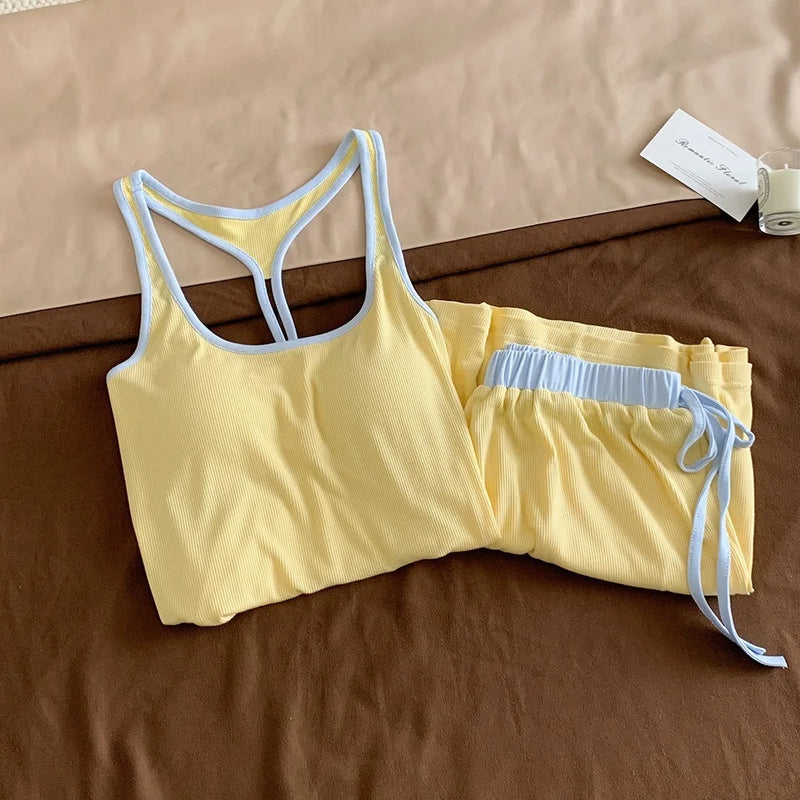 2 Piece Sleeveless Tops and Shorts Lounge Sets Chest Pad Women's Pajama Set Summer Home Clothing Pijama Sleepwear Suit Homewear