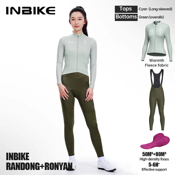 INBIKE Winter Fleece Cycling Jersey Set for Women Sleeve Thermal Top with Pockets Breathable High Waist Bib Pants Bike Clothing