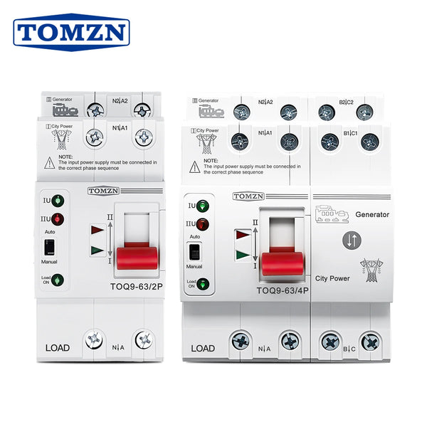 TOMZN TOQ9 Slim ATS – Dual Power Auto Transfer Switch, 2P/4P, 230V AC, 63A, DIN Rail, 50/60Hz, Uninterrupted Changeover