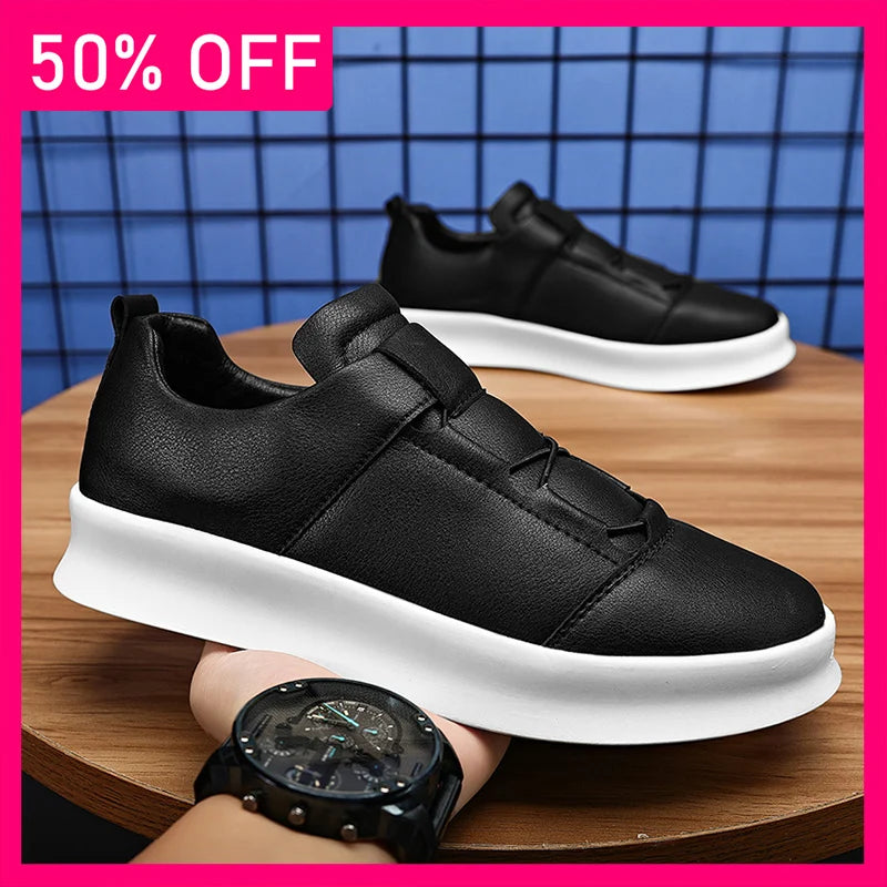 Mens Board Shoes New Low Cut Leather Lace Up Casual Shoes Anti Slip Soft Sole Cosy Breathe Versatile Commuting White Sneakers