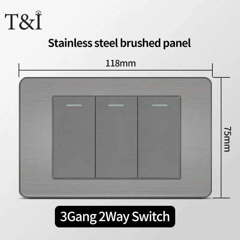 T&I 118 Premium Stainless Steel Brushed Wall Socket with USB Type - C, US Switch, Thai Plug for Home & Office Use