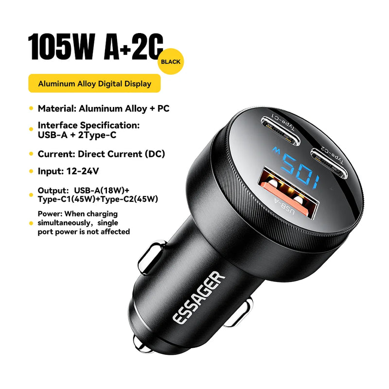 ឆ្នាំងសាករថយន្ត Essager 105W USB សាកលឿន 4.0 QC4.0 QC3.0 QC SCP PPS PD USB ប្រភេទ C សាកលឿនសម្រាប់ទូរស័ព្ទ iPhone 14 15 Xiaomi