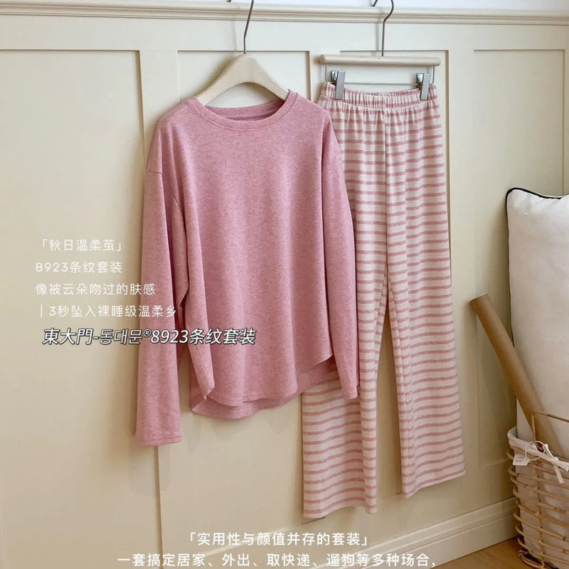 Casual Striped Long Sleeve Pant Suit Velvet Fleece Warm Sleepwear Women's Pajamas Autumn Winter Home Clothes Pyjamas d'hiver