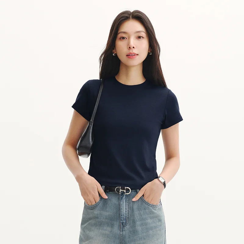 Semir Womens Tshirt 2026 Short Style Slim Regular Shoulder Crew Neck Versatile Cool Feeling Casual