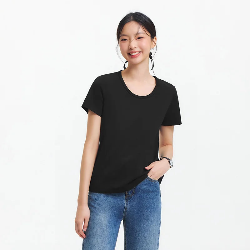 Semir Slim Fit Tshirt Women Summer Solid Color Basic Crew Neck White Cool Touch Casual Comfortable Fashion Slim Top