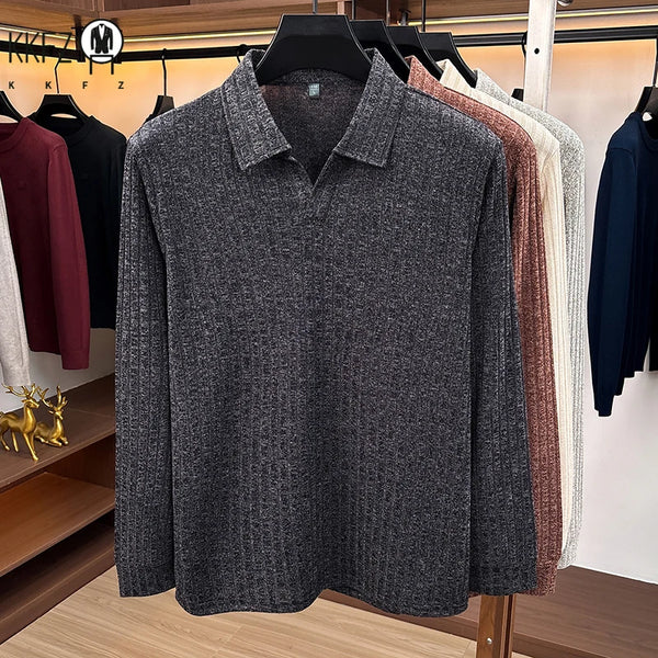 Spring Fall Men Lapel Knitted Pullover Polo Long Sleeve Vertical Ribbed Soft Light Business Daily Wear Tops