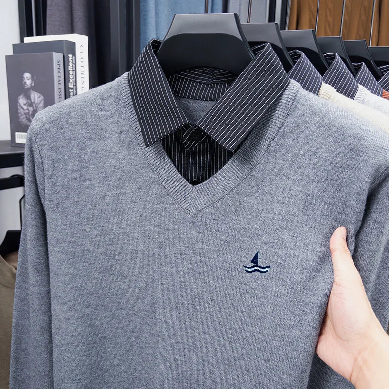 Daily Commute Man False Two-Piece Long-Sleeved Knitwear Embroidery Autumn Winter New Pullover Casual Fashion Versatile Men'sWear