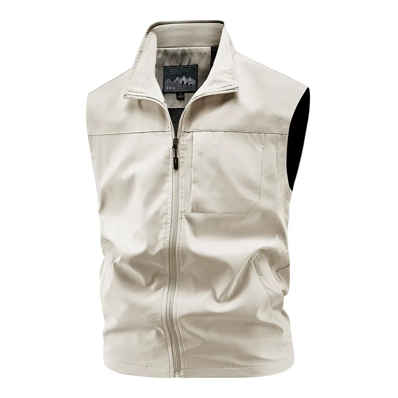 Men's Red Sleeveless Vest Jacket, Perfect for Summer Fishing or Casual Wear, Available in Blue, Black, Green, Beige, and Gray.