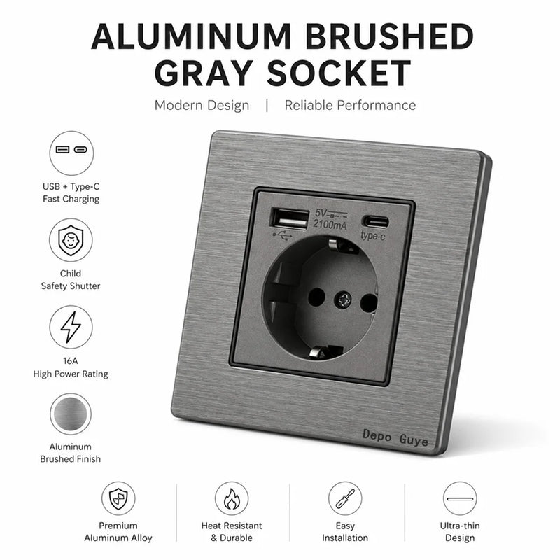 Metal grey Eu wall light switch,Stainless steel universal usb rechargeable electrical socket,220V dimmer speed control switch
