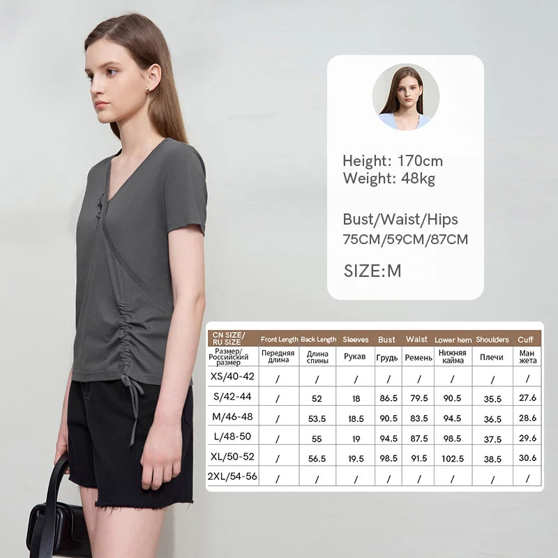 Amii Minimalism Casual T-shirt 2026 Summer New Women Solid Color V-neck Office Lady T-shirt Cotton Pleated Comfort Tops 12522137
