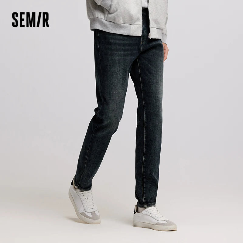 Semir Men Jeans Fleece Lined Stretch Skinny Fit Whisker Wash 2026 Vintage Commuter Warm Slim Urban Casual Denim Trousers