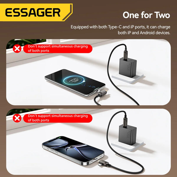 ខ្សែសាក Essager 2 in 1 USB Type C 100W PD Fast Charging Wire Type C To Lighting Cable សម្រាប់ iPhone 17 16 15 14 MacBook iPad Xiaomi