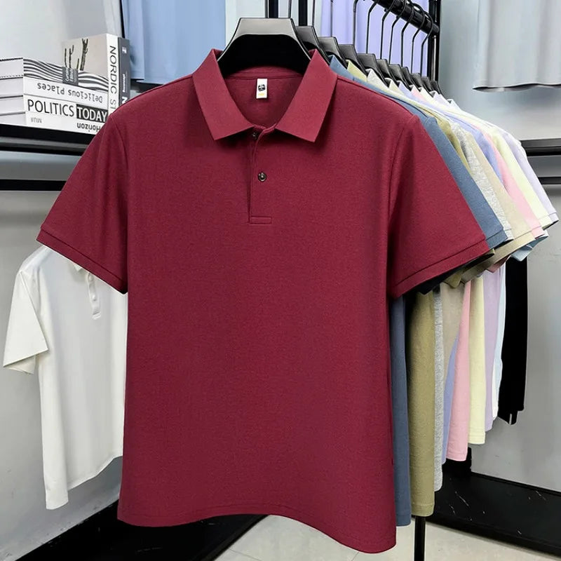 Men 100% Mercerized Cotton Polo Shirt Solid Short Sleeve Casual Business Tops Odor Resistant Premium 205g Summer