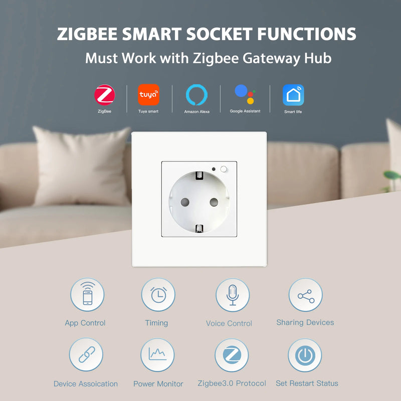 BSEED EU Standard Zigbee Wall Socket Smart Power Monitor Socket 220V 16A Plastic Panel Tuya Alexa Google Smart Life Control