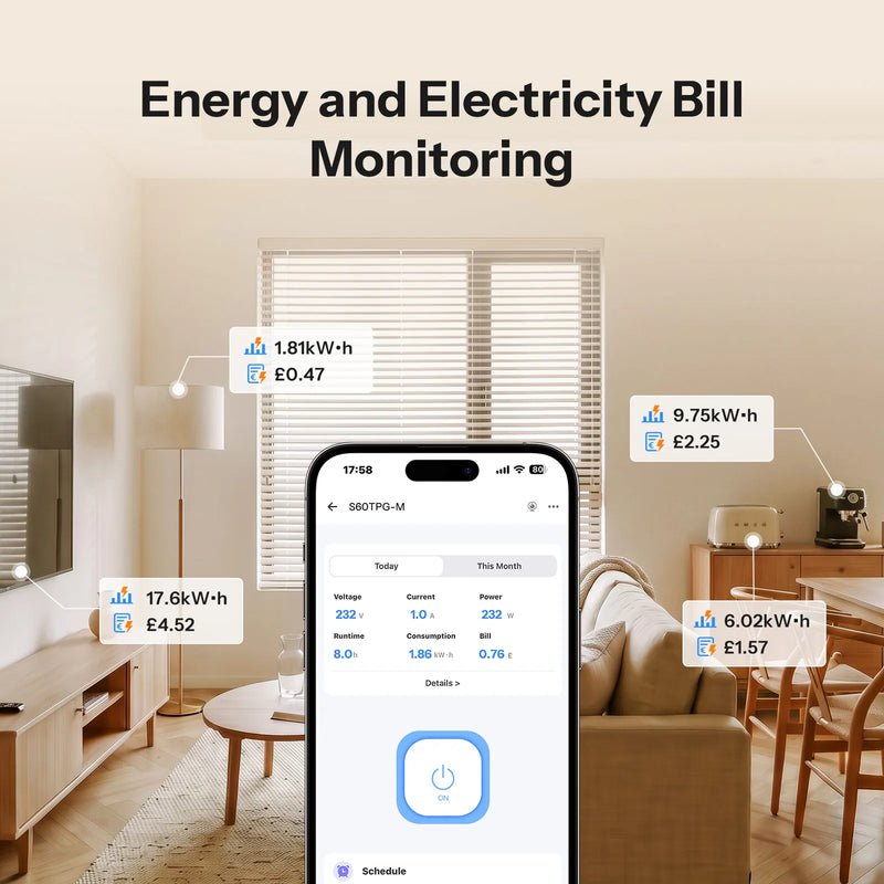SONOFF S60TPG-M S60 Type G Matter Over WiFi Smart Power Meter Plug Real-Time Energy Monitor Overcharge Protection Timer Schedule