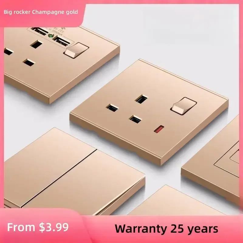 Uk Type 86 13A Universal Rose Gold 220V Wall Large Warped 1gang2way Cross Button Light Switch,USB Electric Plug Wall Socket